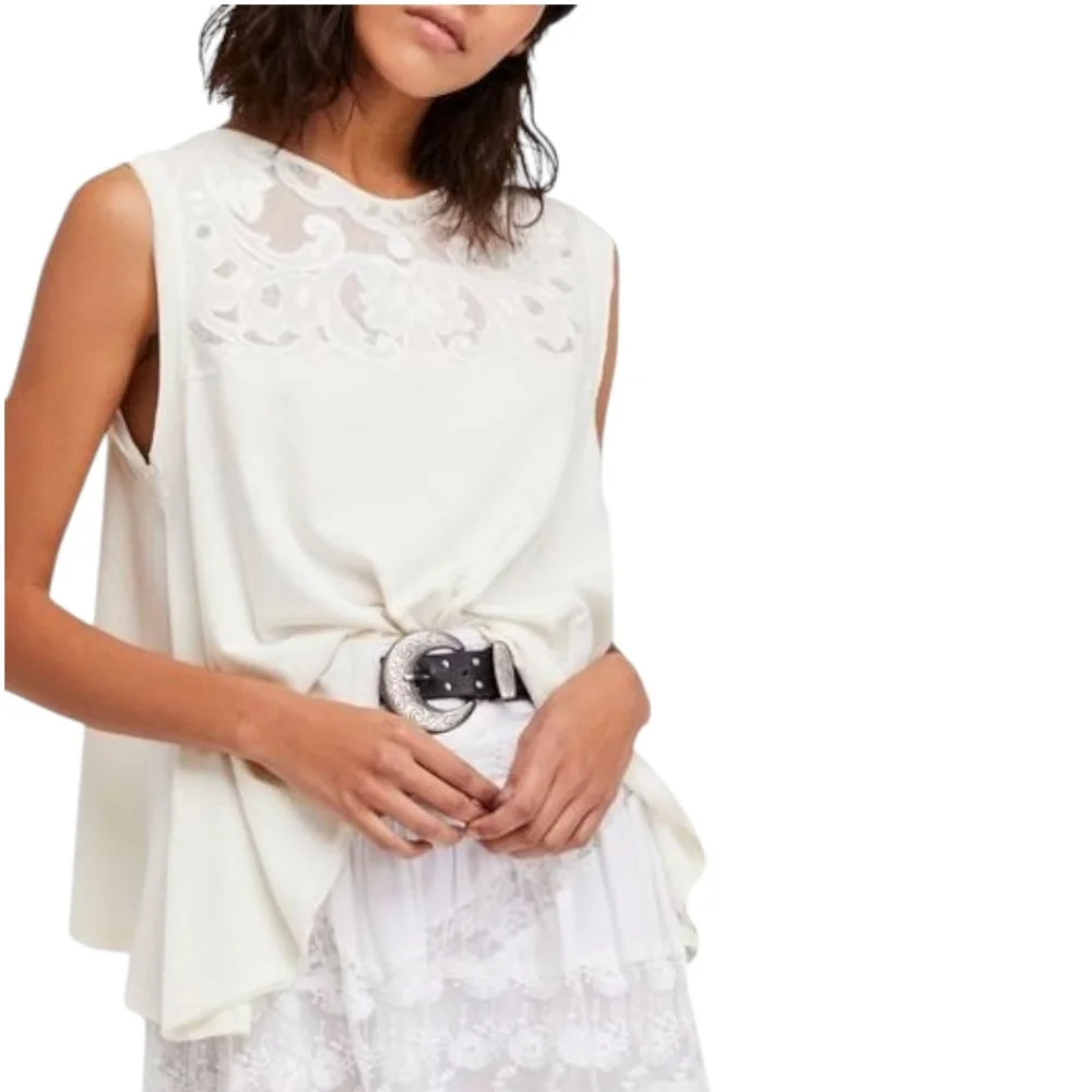 FREE PEOPLE Swing Top Ivory Knit Lace Linen Blend Layering Tank Boho Large 10